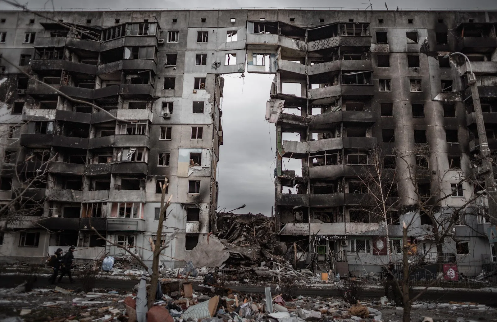Destroyed apartment building in Borodyanka, Ukraine, its centre collapsed into rubble