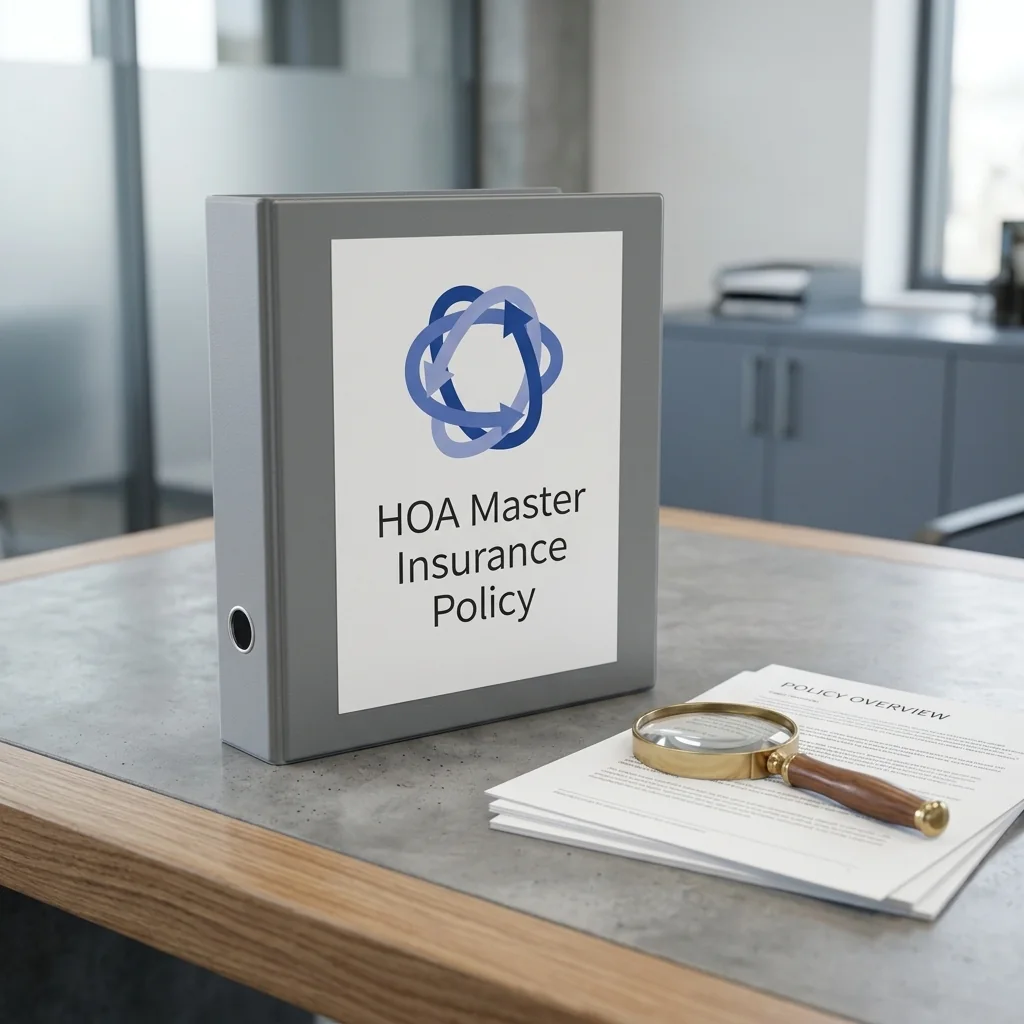 HOA master insurance policy binder with policy papers and a magnifying glass on a desk.