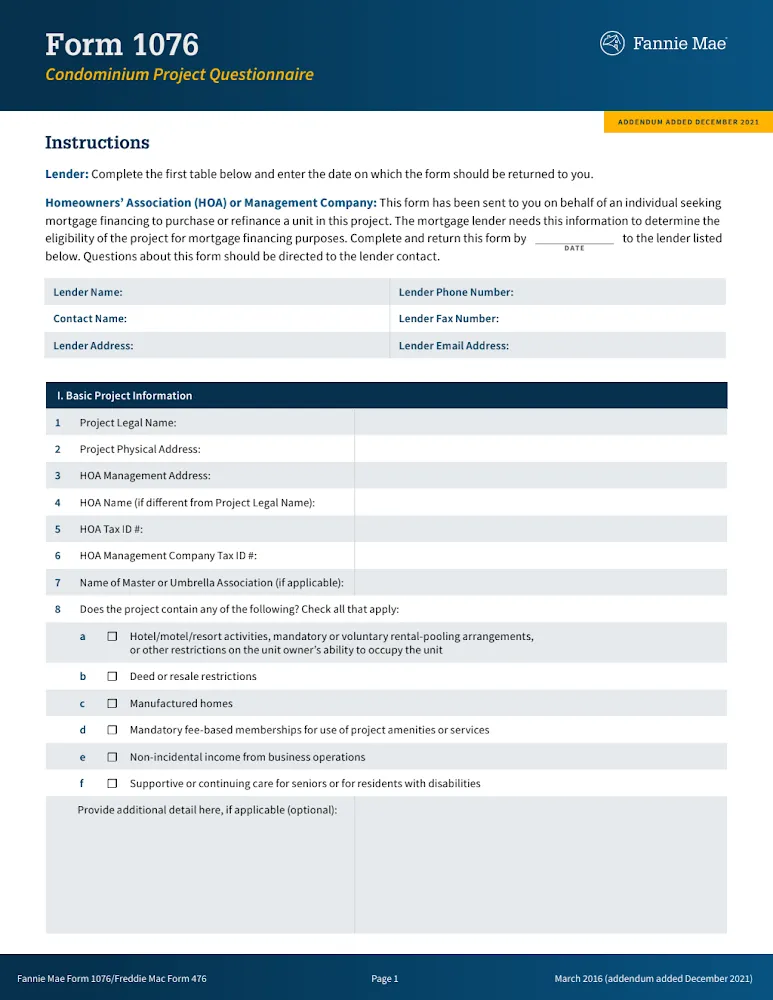 Condominium Project Questionnaire Form 1076 thumbnail