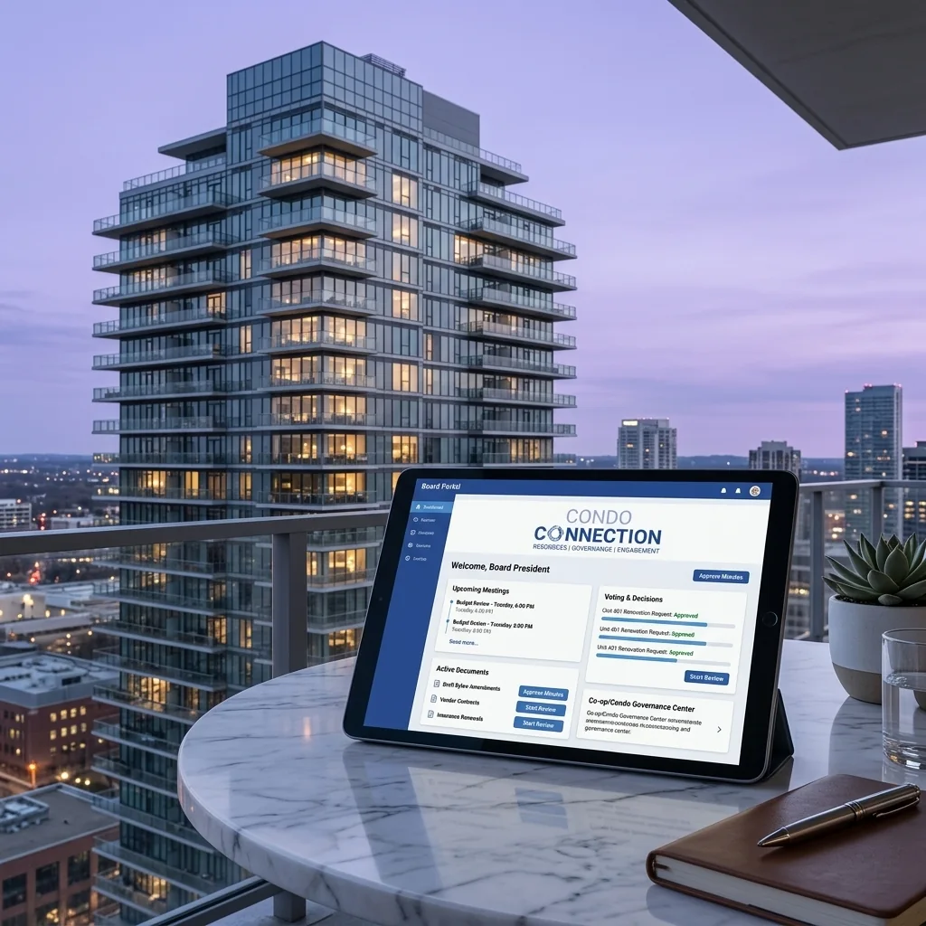 Condominium building and board portal tablet at dusk