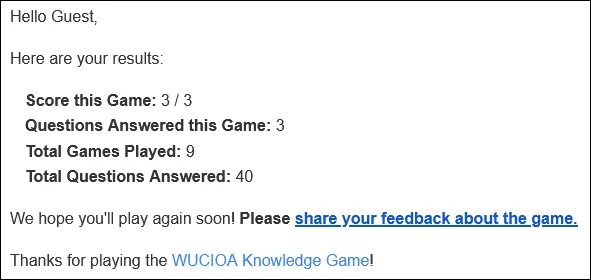 WUCIOA University Knowledge Game - Email Progress Summary