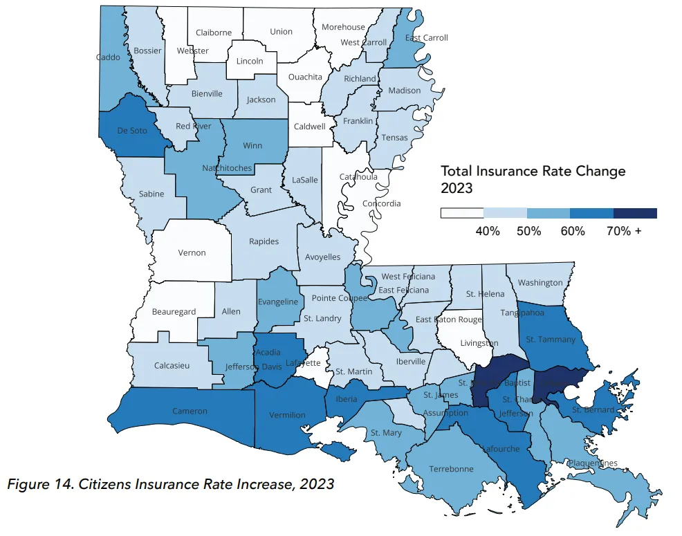 Figure 14. Citizens Insurance Rate Increase, 2023 - total insurance rate change by Louisiana parish