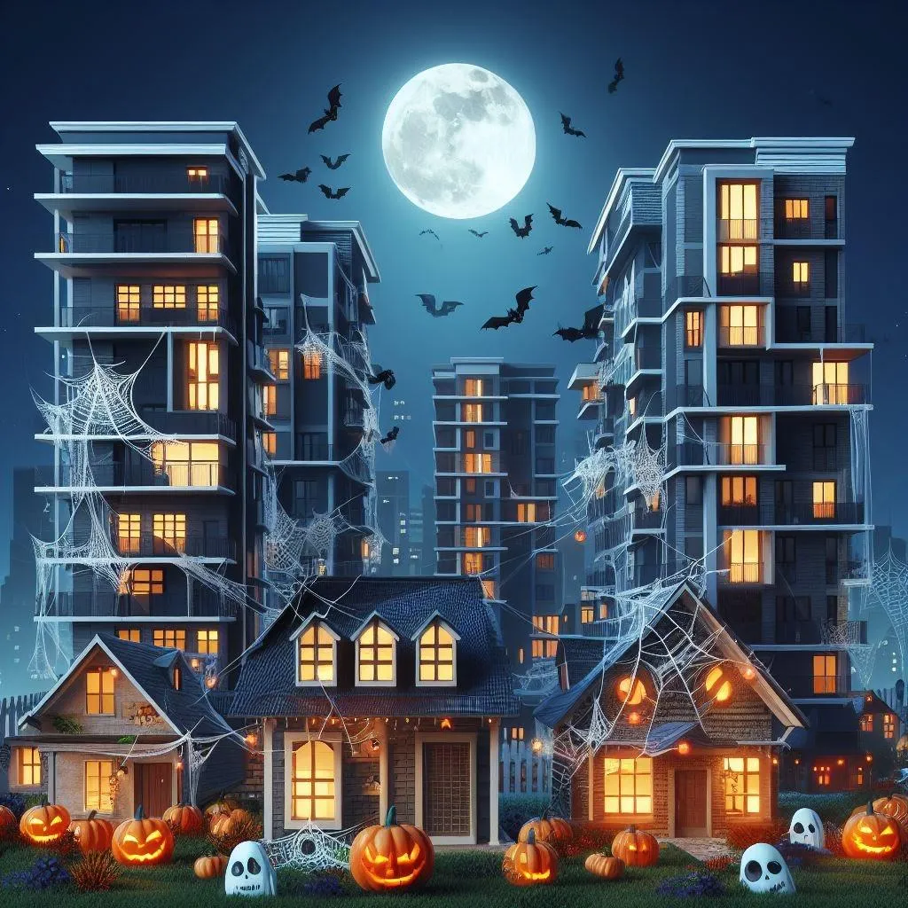 CIC Info Bytes Halloween Edition 2023 - condominiums and houses in a spooky Halloween landscape with spider webs, jack-o-lanterns, bats and a full moon in high definition