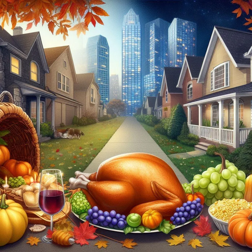 a cornucopia and a turkey dinner in between a house and a high-rise condominium