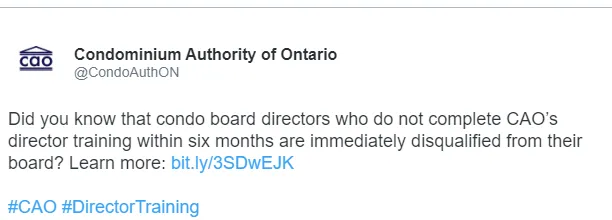 Tweet by the Condominium Authority of Ontario