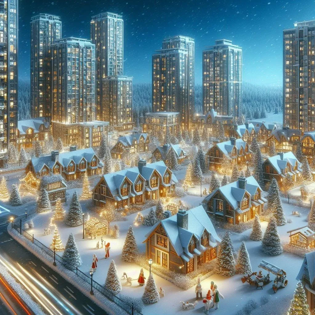 Winter cityscape with condos and snow-covered homes