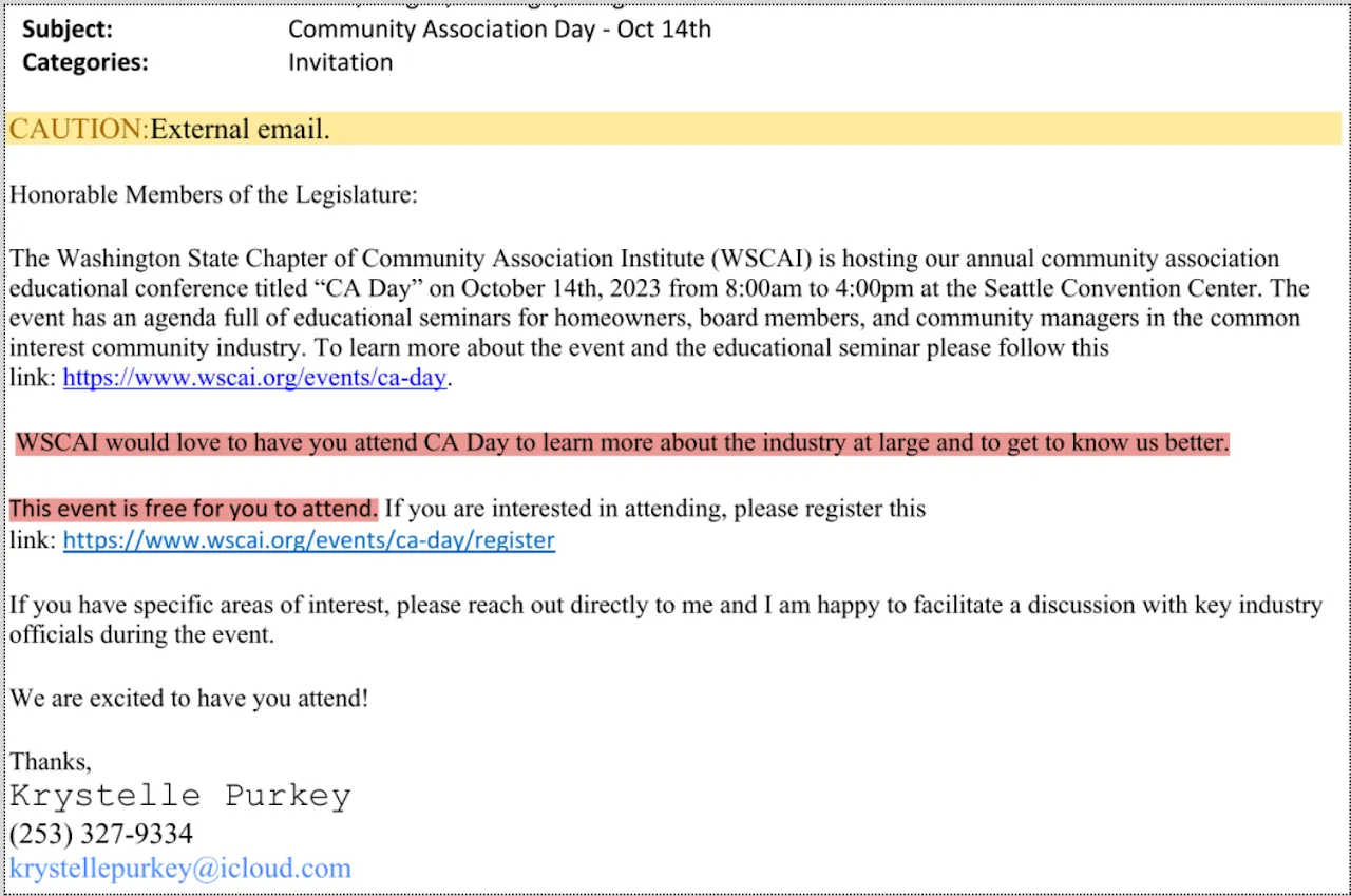 Invite from CAI Lobbyist to Washington State Legislators