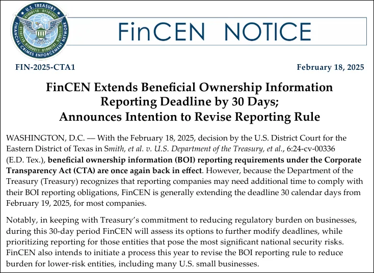 FinCEN BOI Notice Deadline Extension