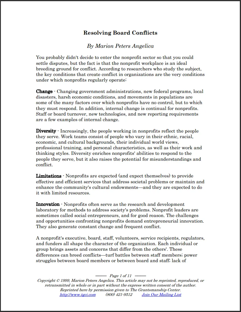 Resolving Board Conflicts - EXCERPT from Keeping the Peace: Resolving Conflict in the Boardroom